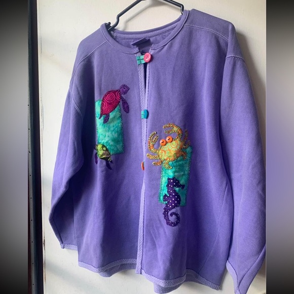 Purple seahorse carb turtle cardigan sweater button up pink orange turquoise - Picture 2 of 10
